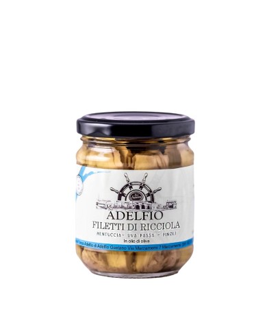 Filetti di Ricciola con mentuccia uva passa pinoli in vaso Adelfio 200 gr Filetti di Ricciola con mentuccia uva passa pinoli in vaso Adelfio 200 gr