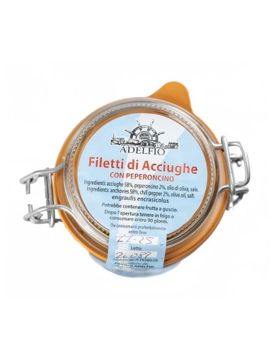 Filetti acciughe all'olio d'oliva con peperoncino rosso in vaso Adelfio (230 gr) Filetti acciughe all'olio d'oliva con peperoncino rosso in vaso Adelfio (230 gr)