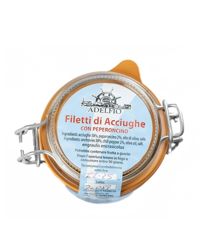 Filetti acciughe all'olio d'oliva con peperoncino rosso in vaso Adelfio (230 gr)