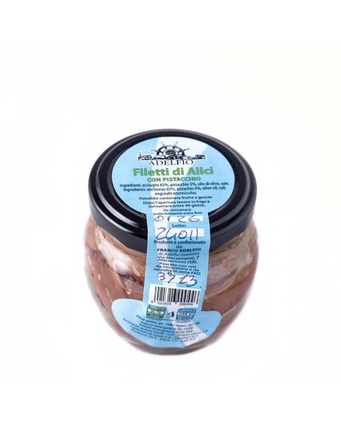 Filetti di alici all'olio d'oliva con pistacchio in vaso Adelfio (100 gr)
